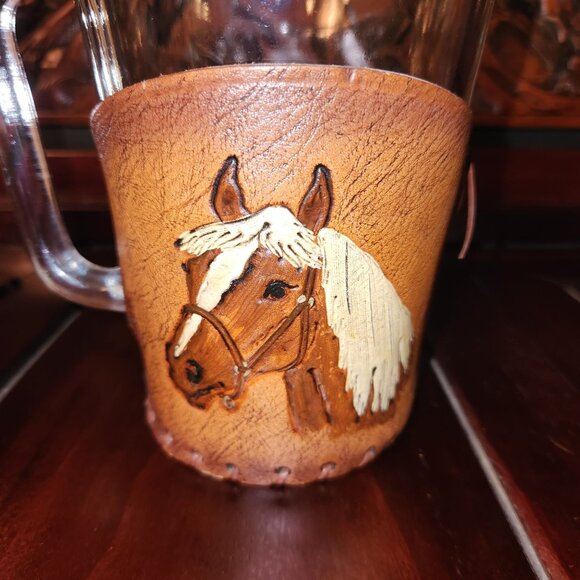 Vintage Green Glass Beer Pitcher With Handcrafted Leather Horse Design Wrap - Picture 14 of 14